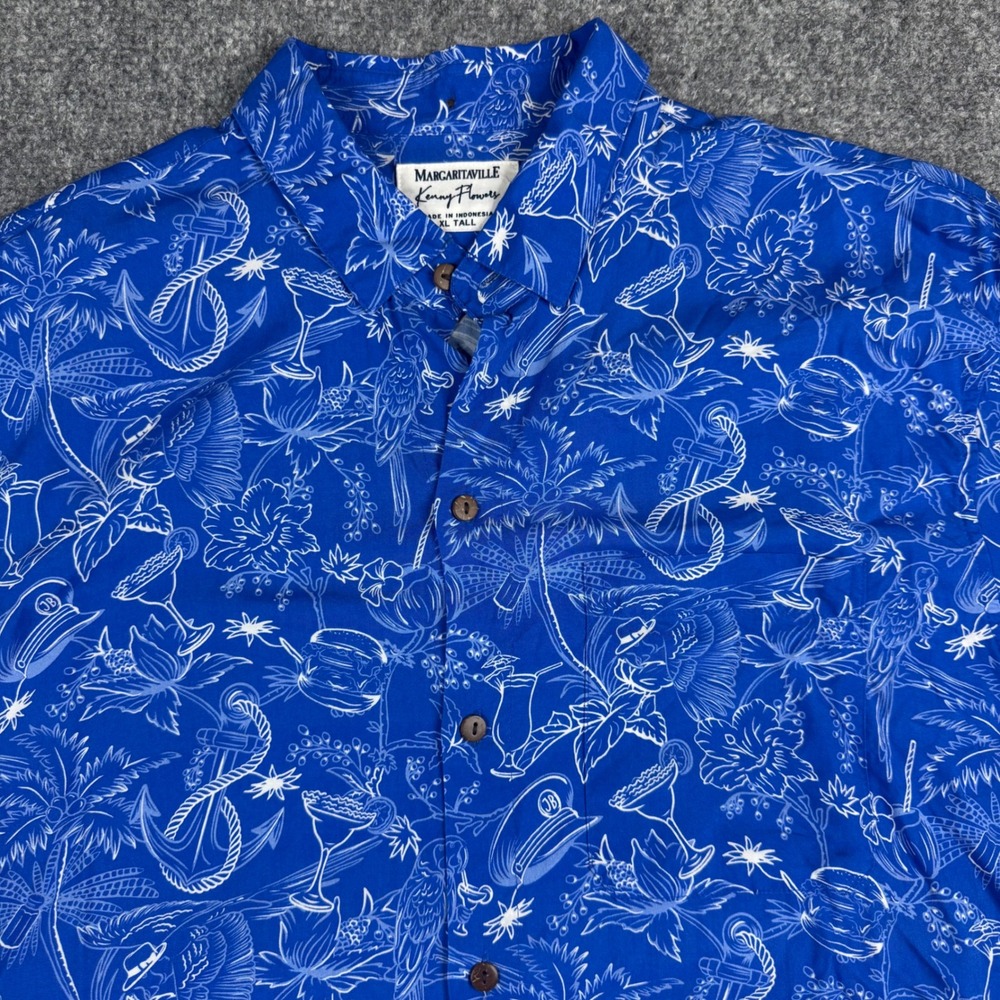 Margaritaville x Kenny Flowers Shirt Mens XL Tall Blue Tropical Nautical Rayon